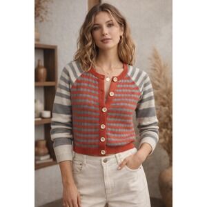 Anthropologie Lili's Closet Striped Wool Cardigan Sz M Retro Scalloped Knit Boho